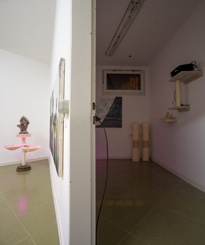 Of Cats and Crones, installation view with works of Philip Hinge, Thomas Hawranke and Christian Theiß, MÉLANGE 2023. Photo: Philip Hinge